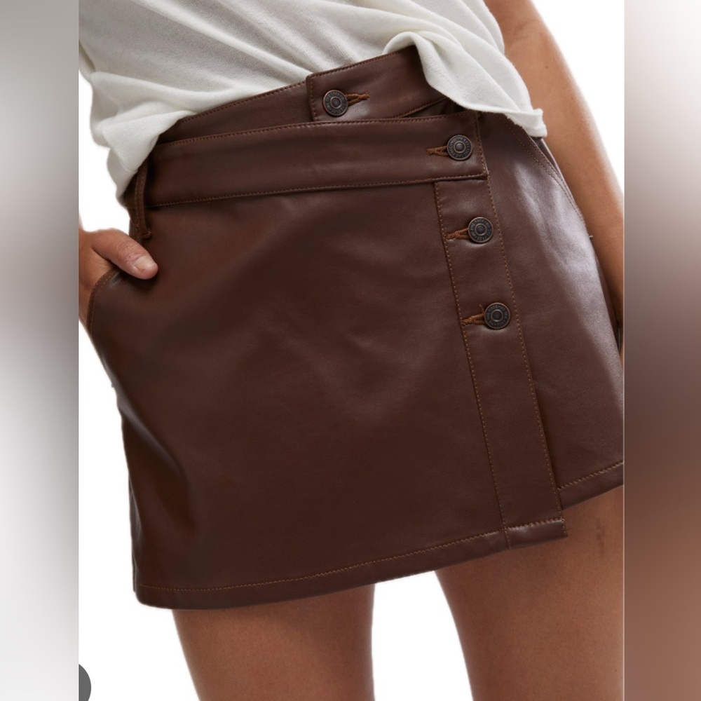 NWOT Free People We The Free Wynn Faux Leather Wrap Mini Skirt Color: Chocolate
